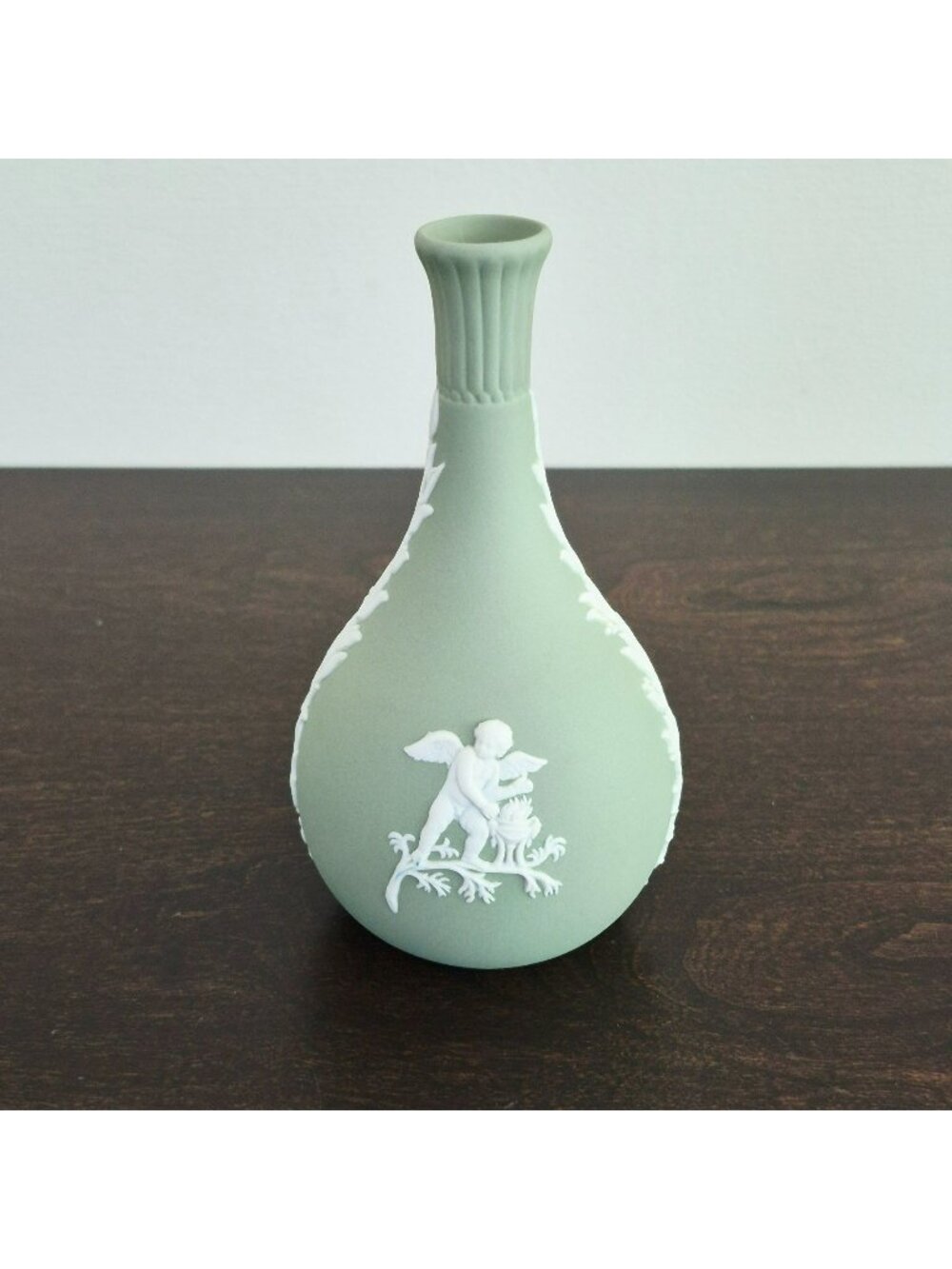 Wedgwood Sage Green Jasperware Flower Bud Vase, Embossed Cupid Cherub Design
